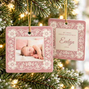 Baby erstes Weihnachten Creme Spitze Dusty Rose Keramikornament