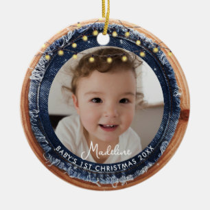 Baby erstes Weihnachten Denim Rustikal Holz Licht Keramik Ornament