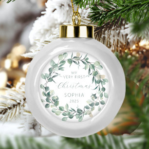 Baby erstes Weihnachten Eukalyptus Kranz Keramik Kugel-Ornament