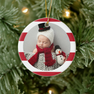 Baby erstes Weihnachten moderne rote Streifen Foto Keramik Ornament