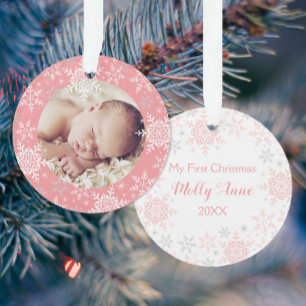Baby erstes Weihnachten Rosa Silber Schneeflocken Ornament
