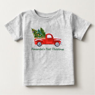 Baby erstes Weihnachten roter LKW grüner Name grau T-shirt
