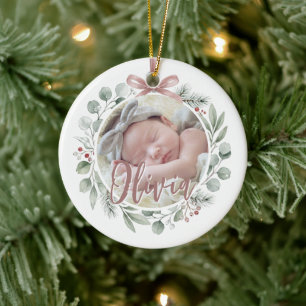 Baby Erstes Weihnachtsfoto Dusty Rose & Grün Keramik Ornament