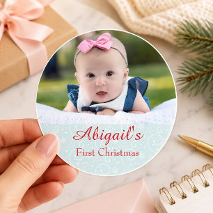 Baby erstes Weihnachtsfoto Runder Aufkleber