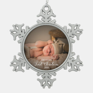 Baby erstes Weihnachtsfoto Schneeflocken Zinn-Ornament