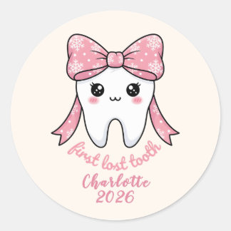 Baby Erstes Zahn Pink Schleife Meilenstein Kawaii Runder Aufkleber