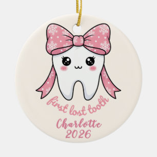 Baby Erstes Zahn Rosa Schleife Meilenstein Kawaii Keramik Ornament