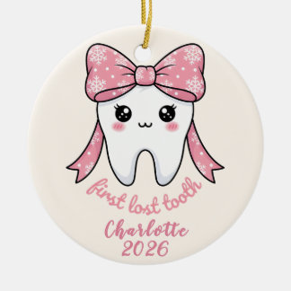 Baby Erstes Zahn Rosa Schleife Meilenstein Kawaii Keramik Ornament