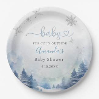 Baby Es ist kalt draußen Aquarell Blaue Schneefloc Pappteller