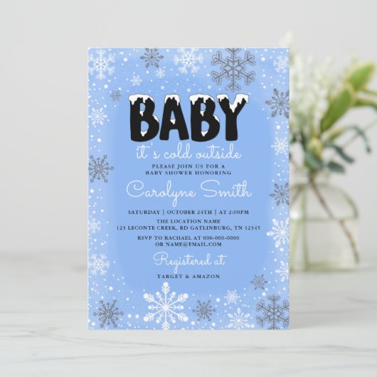 Baby Es ist kalt draußen Blue Boy Baby Dusche Einladung (Stehend Vorderseite)