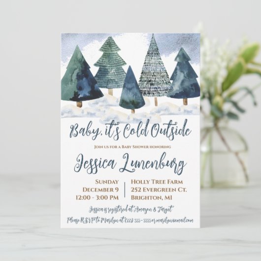 Baby es ist kalt draußen, Evergreen Tree Baby Show Einladung (Stehend Vorderseite)