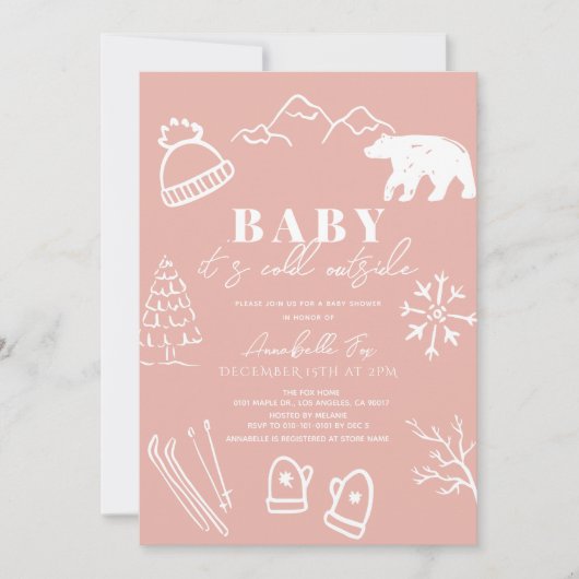 Baby Es ist kalt draußen handgezeichnet Pink Baby Einladung (Vorderseite)