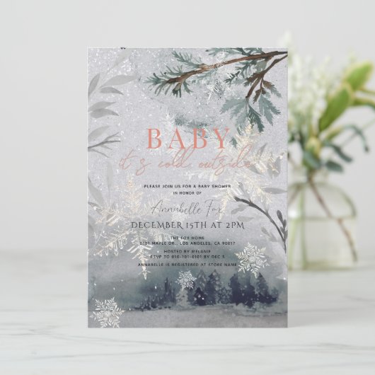 Baby Es ist kalt draußen im Winterwald Babydusche Einladung (Stehend Vorderseite)