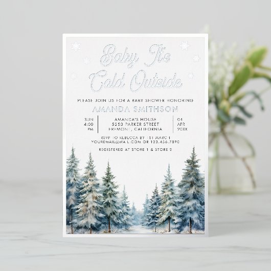 Baby Es ist kalt draußen im Winterwald Babydusche Folieneinladung (Stehend vorne)