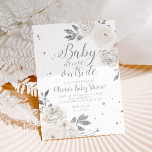 Baby, es ist kalt draußen Silber Florale Babyparty Einladung