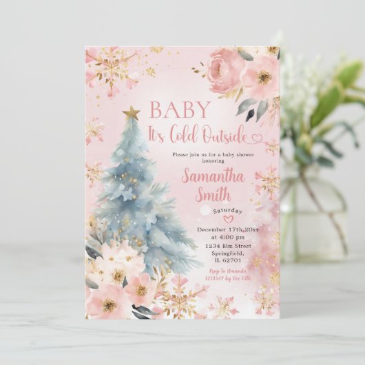 Baby Es ist kalt im Freien Pink Winter Snowflake B Einladung (Stehend Vorderseite)