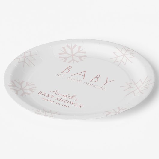 Baby Es ist kalt im Freien Rosa Schneeflocken Baby Pappteller (Schrägansicht)
