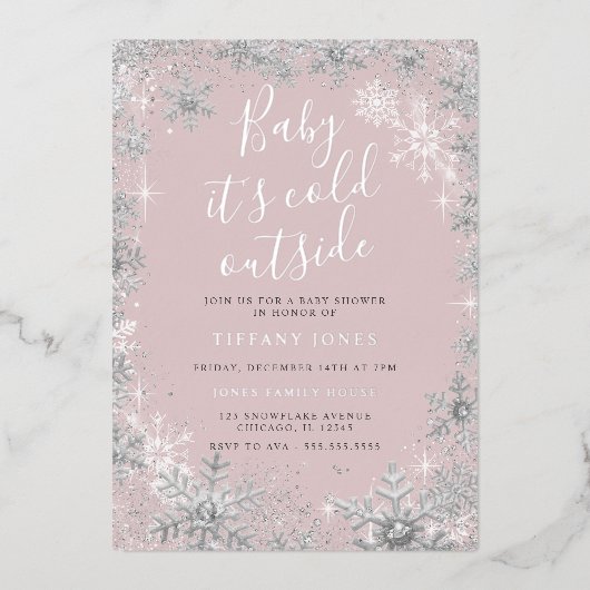 Baby Es ist kalt im Freien rosa SilberBaby-Dusche Folieneinladung (Vorderseite)