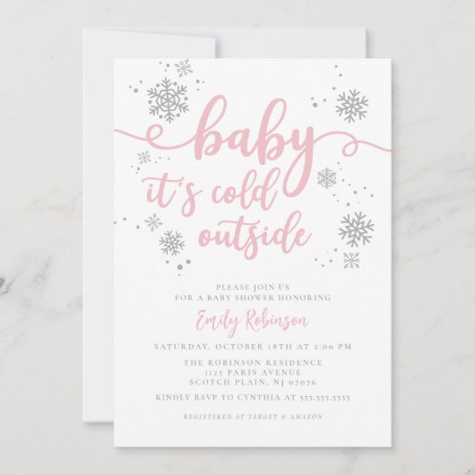 Baby Es ist kalt | Pink Snowflake Girl Babydusche Einladung (Vorderseite)