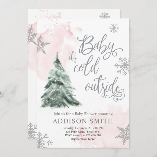 Baby Es ist kalte Außendusche Winterbaummädchen Einladung (Vorne/Hinten)