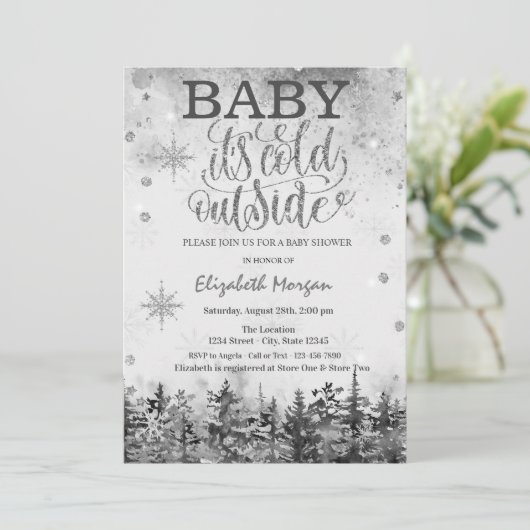 Baby Es ist kalte Outside Forest Snow Baby Dusche Einladung (Stehend Vorderseite)