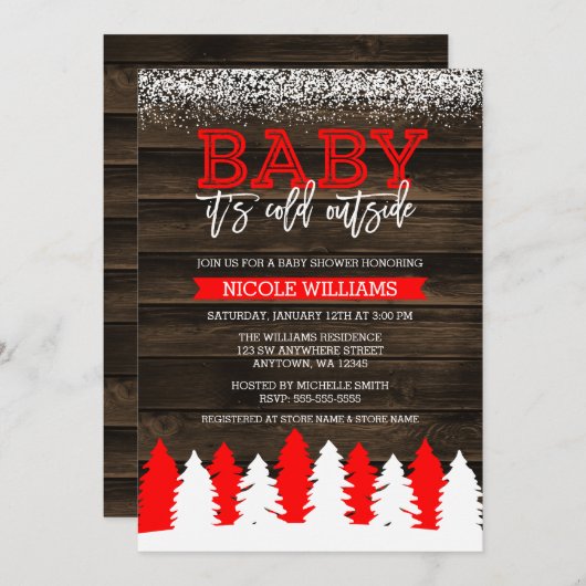 Baby Es ist kalte Outside Winter Schnee Red Baby D Einladung (Vorne/Hinten)