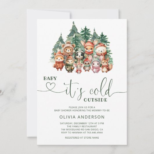 Baby Es ist kalte Outside Winter Tiere Baby Dusche Einladung (Vorderseite)