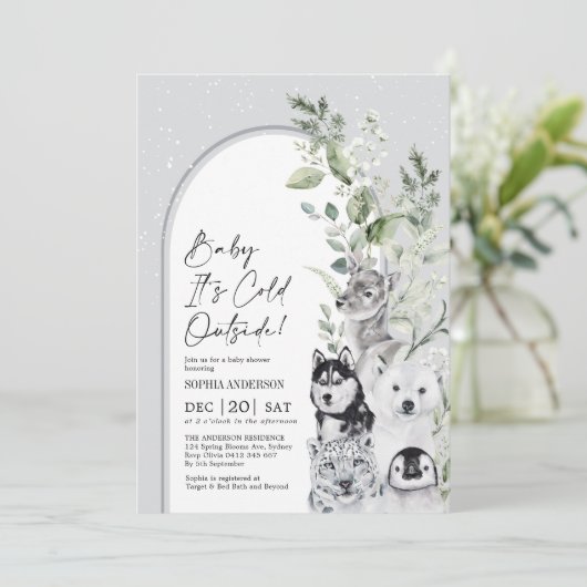 Baby Es ist kalte Outside Winter Tiere Baby Dusche Einladung (Stehend Vorderseite)