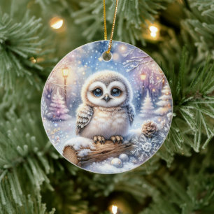 Baby-Eule im Schneelicht Keramik Ornament