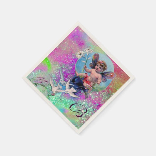 BABY FAIRE MIT HUNDEN IN LILA AQUAMARINEN GLITZERN SERVIETTE (Ecke)