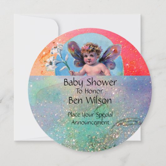 BABY FAIRY MIT HUNDEN IN AQUAMARINEN BLAUE GOLD GL EINLADUNG (Rückseite)