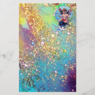 BABY FAIRY MIT HUNDEN IN GLITZERN, blaugrünes Gold Briefpapier