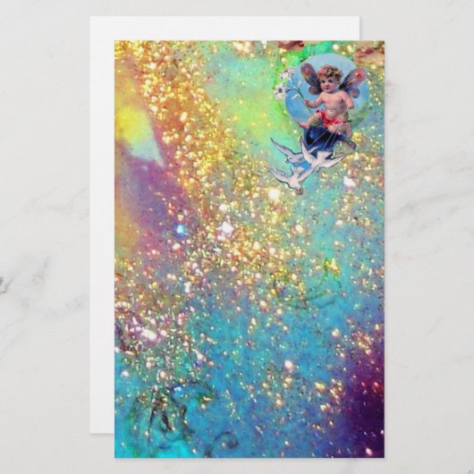 BABY FAIRY MIT HUNDEN IN GLITZERN, blaugrünes Gold Briefpapier (Vorne/Hinten)