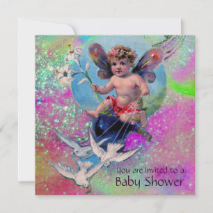BABY FAIRY MIT HUNDEN IN GLITZERN Gold Pink Einladung