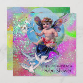 BABY FAIRY MIT HUNDEN IN GLITZERN Gold Pink Einladung (Vorne/Hinten)