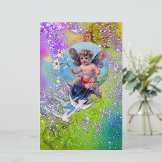 BABY FAIRY MIT HUNDEN IN GLITZERN, lila grün Briefpapier (Stehend Vorderseite)