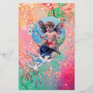 BABY FAIRY MIT HUNDEN IN GLITZERN, rosa grünes Gol Briefpapier