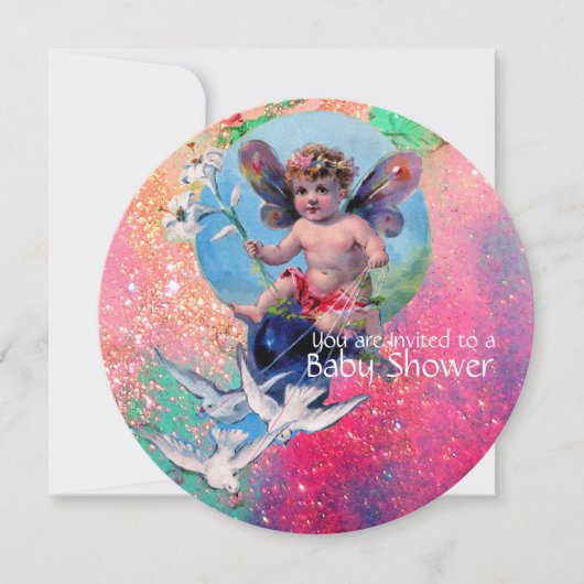 BABY FAIRY MIT HUNDEN IN PINK GLITZERN Champagner Einladung (Vorderseite)