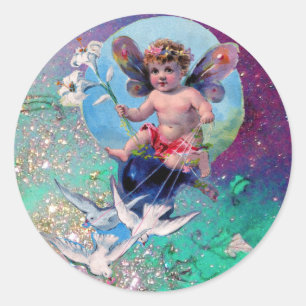 BABY FAIRY WITH DOVES IN GLITZERN blue green Runder Aufkleber
