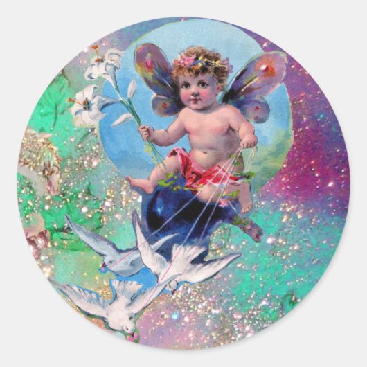 BABY FAIRY WITH DOVES IN GLITZERN blue green Runder Aufkleber (Vorderseite)