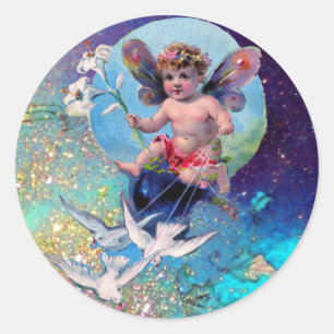 BABY FAIRY WITH DOVES IN GLITZERN blue green Runder Aufkleber