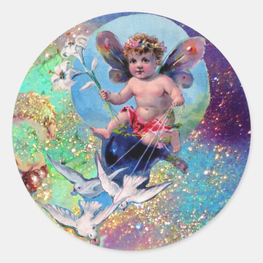 BABY FAIRY WITH DOVES IN GLITZERN blue green Runder Aufkleber (Vorderseite)