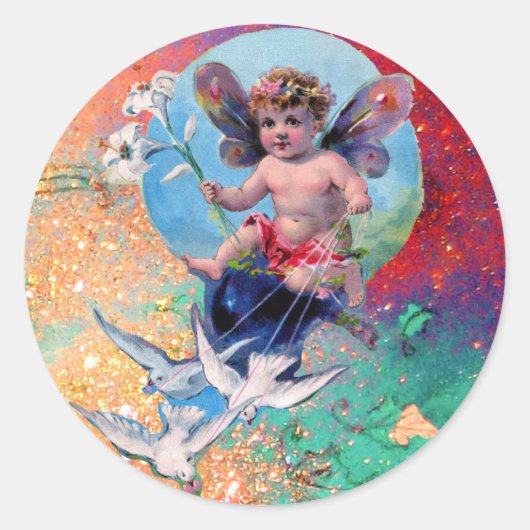 BABY FAIRY WITH DOVES IN GLITZERN blue Pink green Runder Aufkleber (Vorderseite)