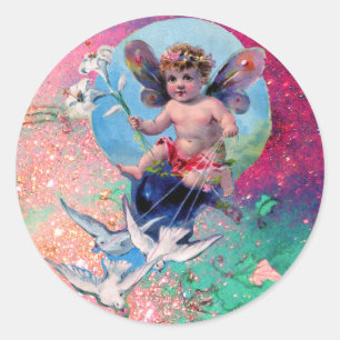 BABY FAIRY WITH DOVES IN GLITZERN blue Pink green Runder Aufkleber