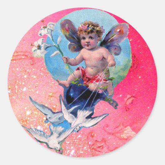 BABY FAIRY WITH DOVES IN GLITZERN blue rosa Runder Aufkleber (Vorderseite)