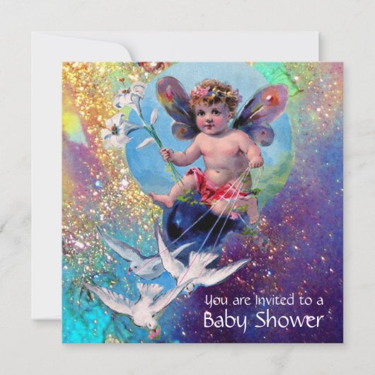 BABY FAIRY WITH DOVES IN GLITZERN Champagne Einladung (Vorderseite)