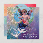 BABY FAIRY WITH DOVES IN GLITZERN Champagne Einladung (Vorne/Hinten)