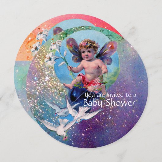 BABY FAIRY WITH DOVES IN GLITZERN Champagne Einladung (Vorne/Hinten)