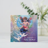 BABY FAIRY WITH DOVES IN GLITZERN Champagne Einladung (Stehend Vorderseite)