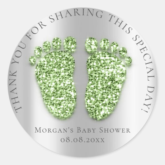Baby Feet Dusche Gefallen Dank Glitzer Mint Silver Runder Aufkleber (Vorderseite)